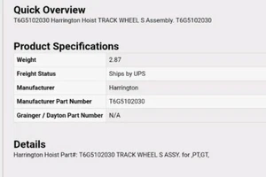 NEW Harrington Hoist T6G5102030 TRACK WHEEL S ASSEMBLY PT GT CART DOLLY IBEAM - Picture 1 of 1