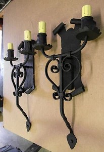 LARGE PAIR 1920S STYLE WROUGHT IRON SPANISH REVIVAL WALL SCONCE LAMP LANTERN  - Picture 1 of 4