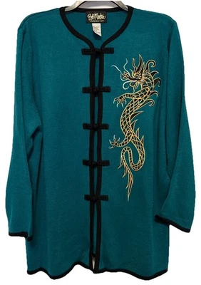 Bob Mackie Asian Inspired Green Black Knit Cardigan Embroidered Dragon Size 2X - Image 1 of 4