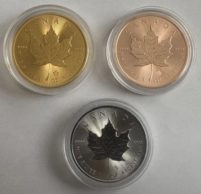 3 x 1 oz Silber Maple Leaf Canada 2021 Triple "Rot-/Gelb-/Weißgold-Edition" - Bild 1 von 2