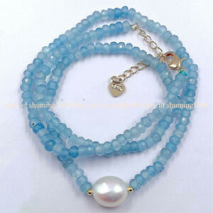 2x4mm Facettierte Blaue Aquamarin & 11-12mm Weiße Barock perle Halskette 18''