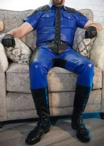 Men's Real Leather Quilted Panels Pants & Police Shirt R.Blue BLUF Pants Shirt - Picture 1 of 2