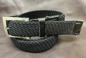 Black Elasticated Plaited Braided Real Leather Belt Chrome Buckle 38mm V41 - Picture 1 of 4
