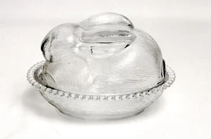 Indiana Glas Kaninchen Hase auf Nest Ostern klar Glas Deckel Perlenkante Geschirr USA - Bild 1 von 5