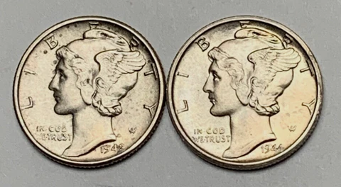 (2) Mercury Dimes 1942-D & 1944-D ***AU*** Some Toning Cover