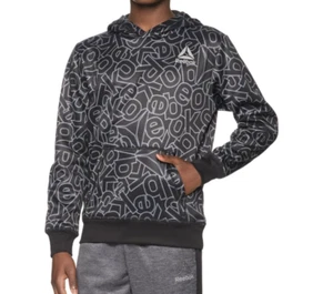 Reebok Boy's SIZE XS 4-5 Pullover All Over Logo Active Hoodie black Print NEW - Picture 1 of 6