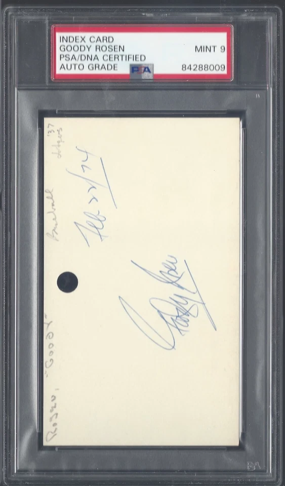 GOODY ROSEN, 1937-39, 1944-46 BROOKLYN DODGERS,  INDEX CARDS,PSA/DNA MINT 9 - Image 1 of 1