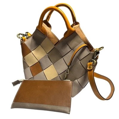 Bolso de Mano de Cuero Tejido con Bolsa Sundance a Juego Marrón Gris Beige 13"x13" Usado en Excelente Condición Foto 1 de 4