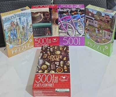 LOT OF 5 PUZZLES 300 & 500 PIECE CARDINAL~COFFEE~BIKES~TYPEWRITER~MANHATTAN~HERI - Image 1 of 4