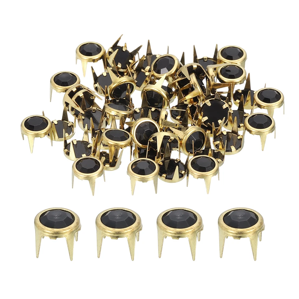 60 Pcs Rhinestone Studs, 8mm Round Rivets Claw Beads Nailhead, Gold/Black - Image 1 of 4