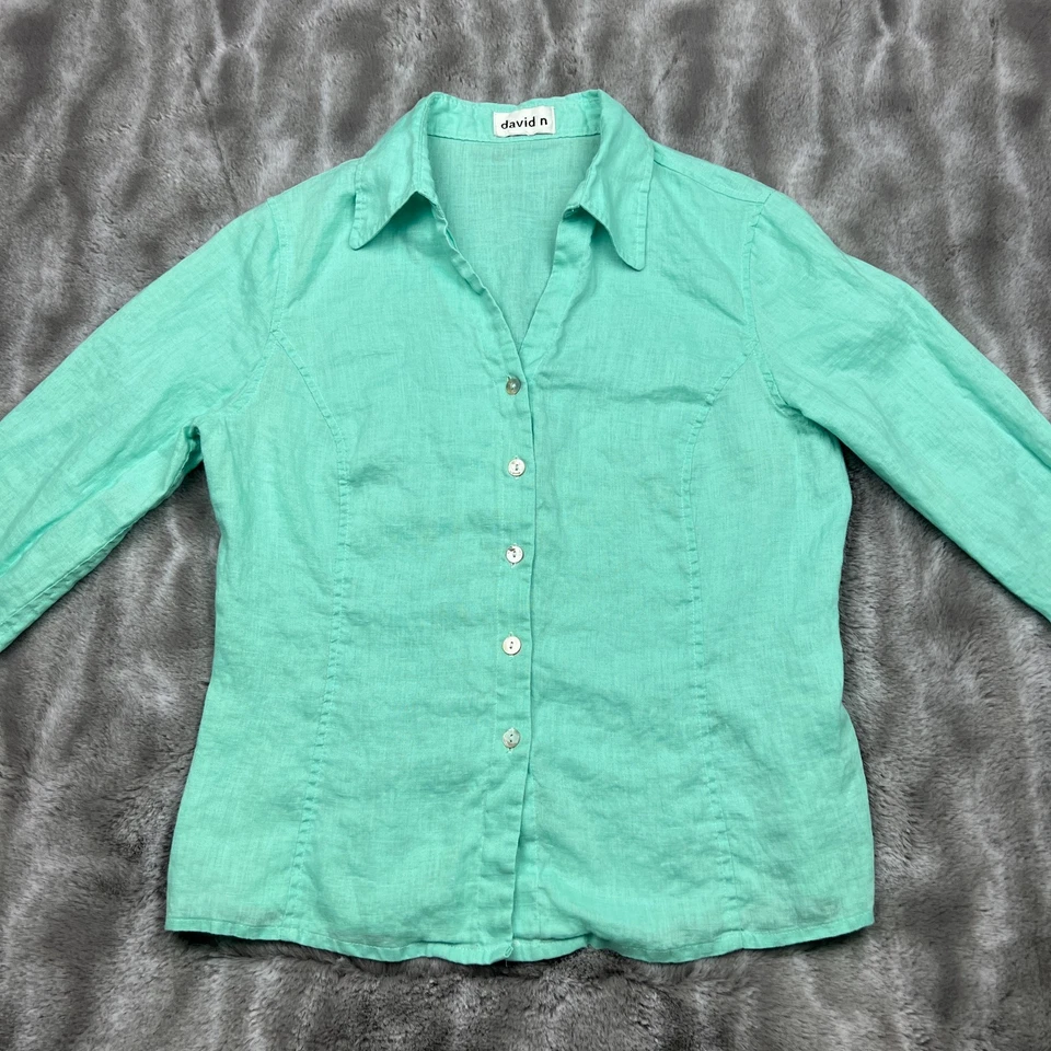 Camisa David N para mujer mediana verde menta con botones de lino top playero Lagenlook costero Foto 1 de 4