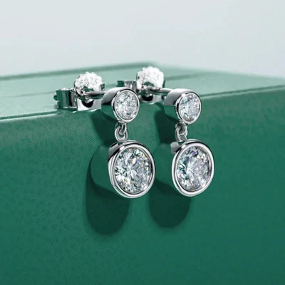 2.50 CTW Round Cut Certified Moissanite Drop Stud Earrings 14K White Gold Plated - Image 1 of 4