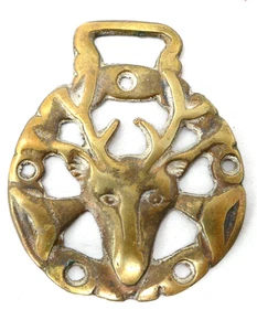 Horse Brass Stag Head Deer Antlers Circular Openwork Harness Ornament - Picture 1 of 2
