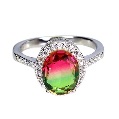 925 Sterling Silver Ring Tourmaline Synthetic Watermelon 10x8mm Jewelry Sz 7.5 - Image 1 of 4