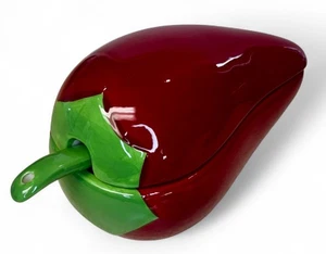 Red Chile Pepper Salsa Dish LARGE 8” Ceramic Bowl With Lid And Serving Spoon - Picture 1 of 9
