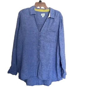 Sigrid Olsen 100% Linen XL Blue V-Neck Buttons Roll-tab Sleeves Comfort Beach - Picture 1 of 8