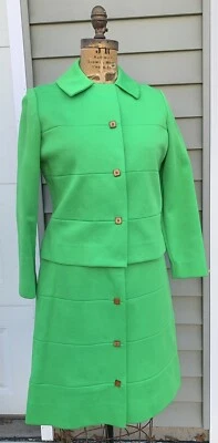 Vintage 1960s Lime Green Polyester Mod Jacket Skirt Set Bust 39 Waist 28 - Image 1 of 4
