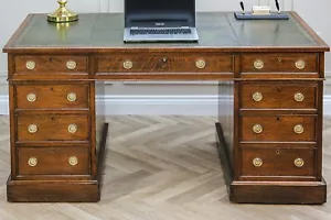 Large Antique Victorian Oak Twin Pedestal Partners Leather Top Writing Desk - Picture 1 of 14