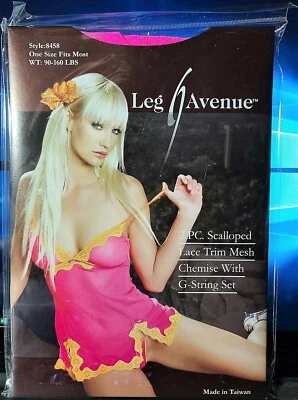 Leg Avenue Style 8458 粉色/橙色 2 件扇形花边装饰网眼化学带 G-Stri — 第 1/2 张图片