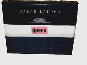 Ralph Lauren BLANC BLEU WILFORD Queen Flat Tuxedo Pleat Sheet White Navy $185 - Picture 1 of 4
