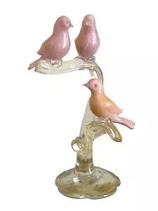 Vidrio Alfredo Barbini Murano moderno de mediados de siglo rosa y dorado 3 pájaros en una rama - Imagen 1 de 10