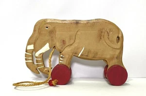Handcrafted Wooden Carved Painted Elephant Child's Pull Toy Circus Folk Art - Picture 1 of 5