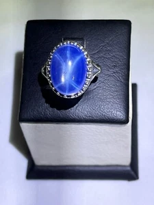 Men Silver 925 Ring Signet Blue Ruby Star Luxury Gift خاتم ياقوت نجمي ازرق نادر - Picture 1 of 14