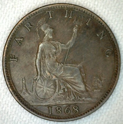 1868 Bronze Farthing Great Britain UK English Coin Extra Fine XF - Image 1 of 2