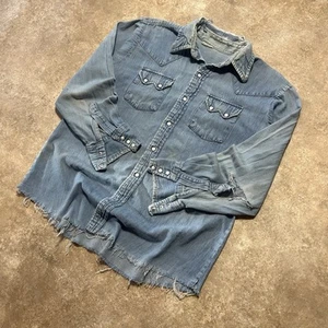 VTG 60s Sawtooth Distressed Denim Cowboy Western Pearl Snap Shirt Levis L ? - Picture 1 of 14