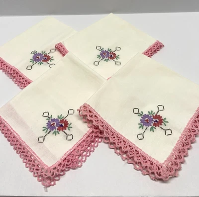 4 VTG Handmade Linen Handkerchief Pink Lace on White Cotton Embroidered Flowers - Image 1 of 4