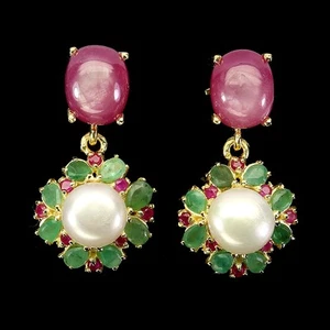 Summer 925 Silver Earrings Oval Ruby 10x8mm Emerald Pearl Gemstone Jewelry - Picture 1 of 14