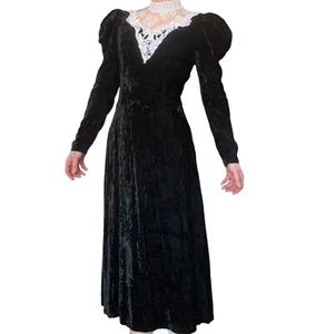 Vintage '80s Scott McClintock Black Velvet Puff Sleeve Victorian Goth Dress XS/S - Picture 1 of 7