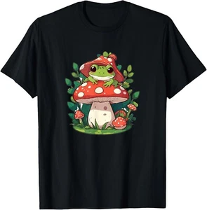 Cute Frog on Mushroom Cartoon Aesthetic Art T-Shirt - Picture 1 of 2