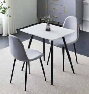 Dining Table Set, Small Marble Effect Kitchen Table 0.8m & 2 Grey Fabric Chairs - Picture 1 of 8