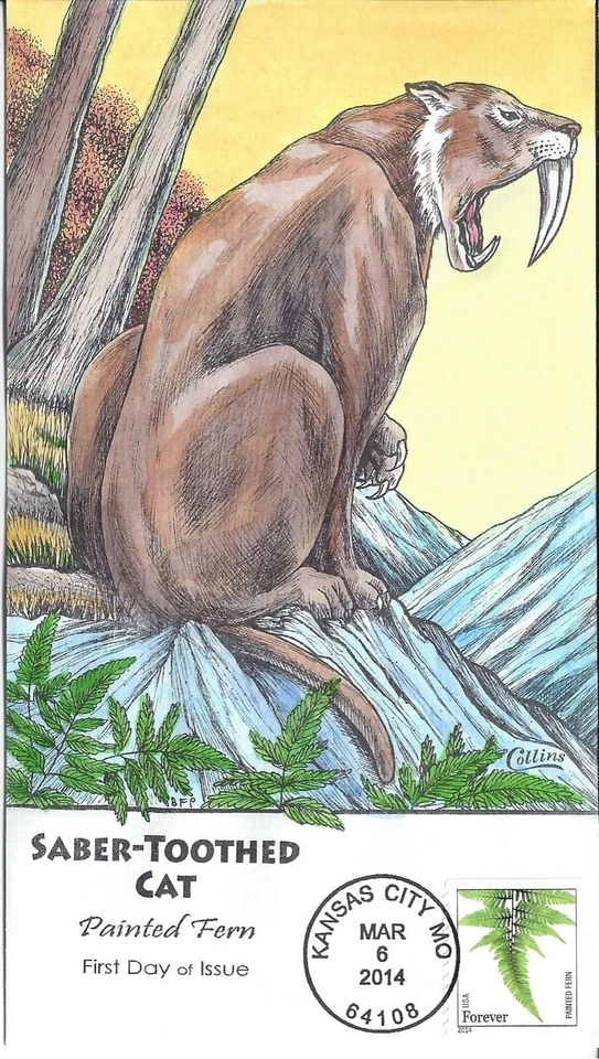 #4976a - FERN - FOREVER  COLLINS FDC Hand-Painted 2014  Ferns: Saber-toothed Cat - Image 1 of 1