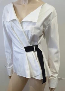 JIL SANDER NAVY White Cotton V Neck Belted Long Sleeve Blouse Shirt Top 38 BNWT - Picture 1 of 12