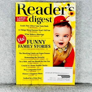Readers Digest LARGE PRINT Magazine March 2016 Funny Family Stories Organ Donors - Picture 1 of 4