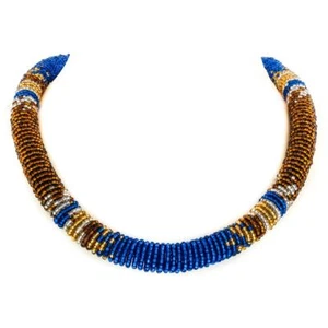 Ethnic Style Blue Bronze Gold Handmade Seed Beads Collar Necklace - Picture 1 of 2