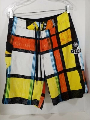 Mens VOLCOM Yellow Black Orange White Graphic Swim BOARD SHORTS Size 30 EUC - Image 1 of 4