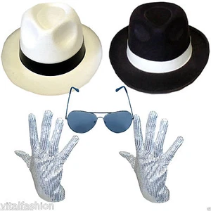 NEW DELUXE MICHAEL JACKSON HAT & SEQUIN GLOVE FANCY DRESS GANGSTER COSTUME SET - Picture 1 of 16