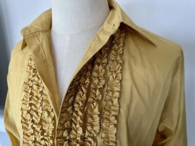 De Colección Para Hombre Años 70 Esmoquin Esmoquin Abotonado Amarillo Mostaza Camisa Disco Baile de graduación Talla 15 1/2 L Foto 1 de 4