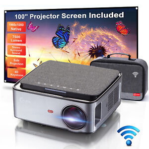 7500 Lumen 1080P WIFI Portble Home Theater Multimedia Projector 4K + Bag Screen