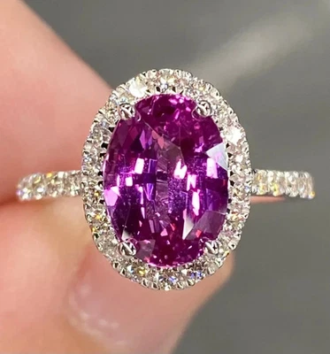 Anillo de propuesta de boda de diamantes con zafiro rosa natural de 3,80 quilates de oro blanco macizo de 18 quilates Foto 1 de 4