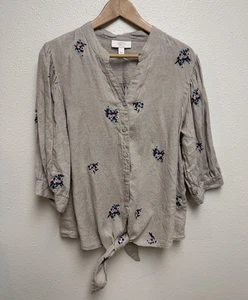 Charter Club Luxury Linen Embroidered Tie Front Shirt Flax Color Large  - Picture 1 of 8