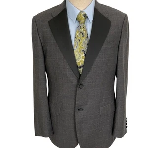 Valentino Tuxedo Jacket Men 42R Gray Blue Plaid Italy Blazer Wool Formal VTG - Picture 1 of 12