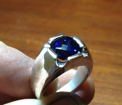 UNIQUE CUSTOM MENS HEAVY STERLING  SILVER  RING, WITH LAB CREATED SAPPHIRE - Image 1 of 4