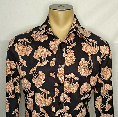 NWOT Vtg 70s Mens Lancer black floral trees button-up disco shirt size Large 17 - Image 1 of 4