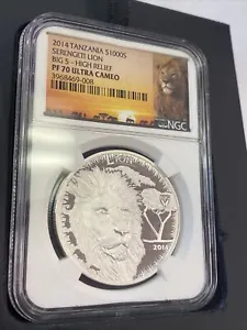 2014 S1000S TANZANIA SERENGETI LION - BIG 5 -HIGH RELIEF - NGC PF 70 ULTRA CAMEO - Picture 1 of 13