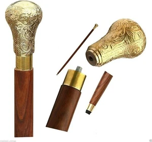 Victorian Solid Brass Head Handel Wooden Walking Stick Cane Handmade Designer - Picture 1 of 8