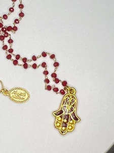 24K Gold Plated Hamsa Hand Charm Necklace With Beaded Red Chain Michal Golan - Picture 1 of 2